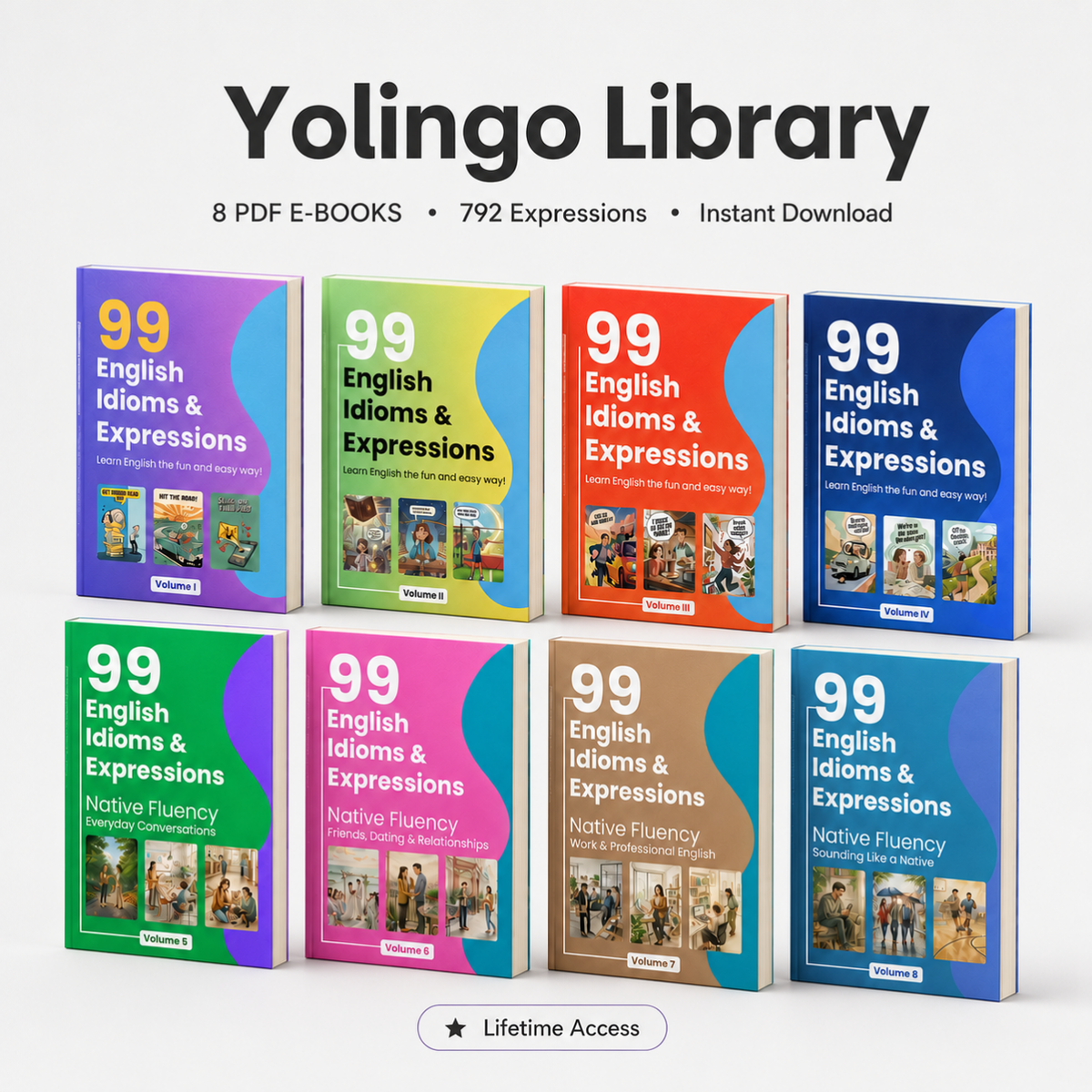 Yolingo Library | 8 PDF English Idiom and Expressions Books (Volumes 1–8)